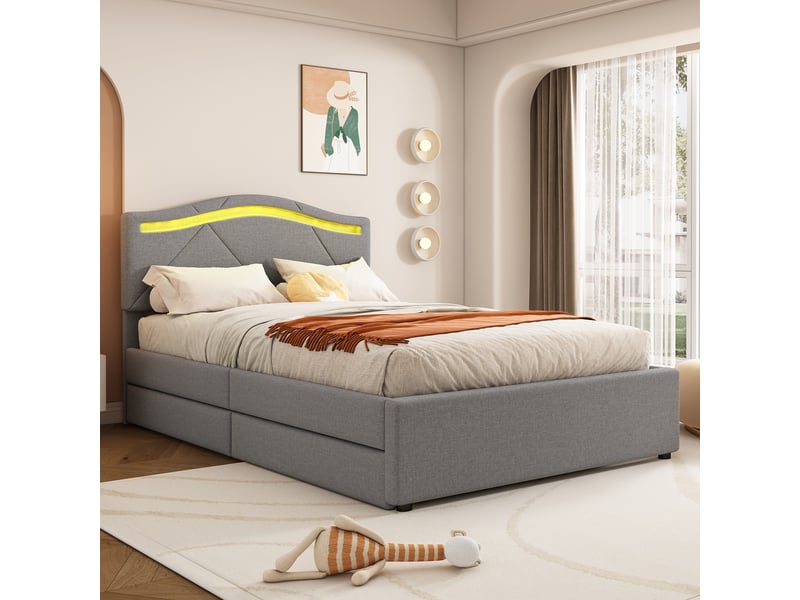  Lit capitonné 90x200cm, gris, sans matelas, led, deux tiroirs, tête réglable, lin et mdf, style minimaliste  - Conforama D