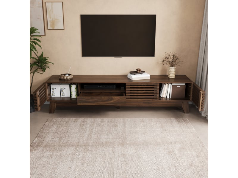 Meuble tv 170x35x40 cm, design moderne, façade rainurée, 3 portes, tiroir et niches ouvertes, mdf couleur noyer - Conforama E