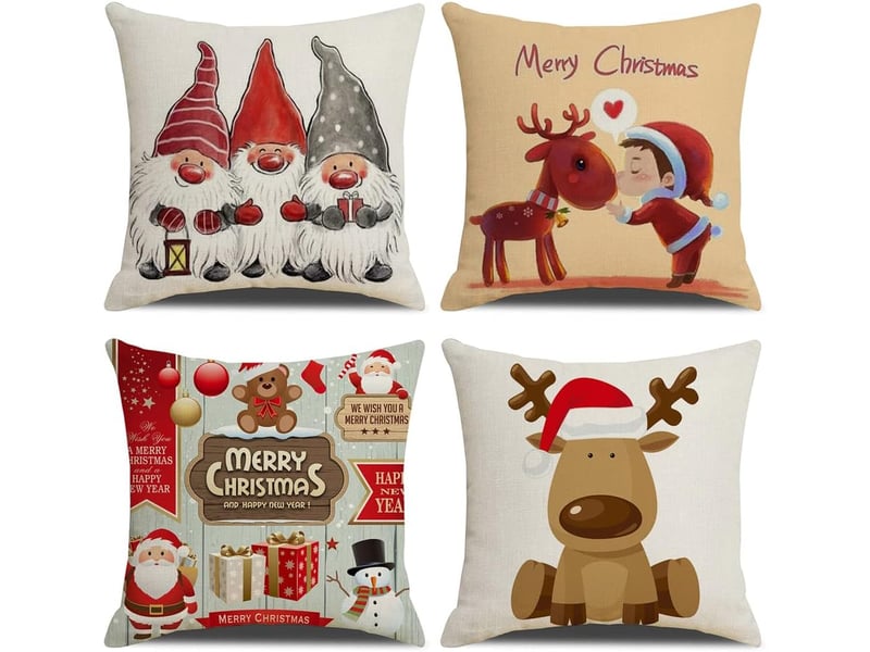  Housses de coussin de noël 45 x 45 cm, lot de 4, décoration en lin pour la maison, le salon, le canapé - lit, décoration de noël, marron  - Conforama A