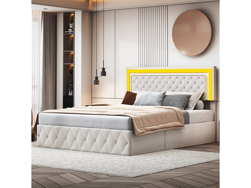  Lit coffre hydraulique 160 x 200 cm-beige - lit double rembourré en velours avec tête de lit lumineuse et capitonnage  - Conforama D