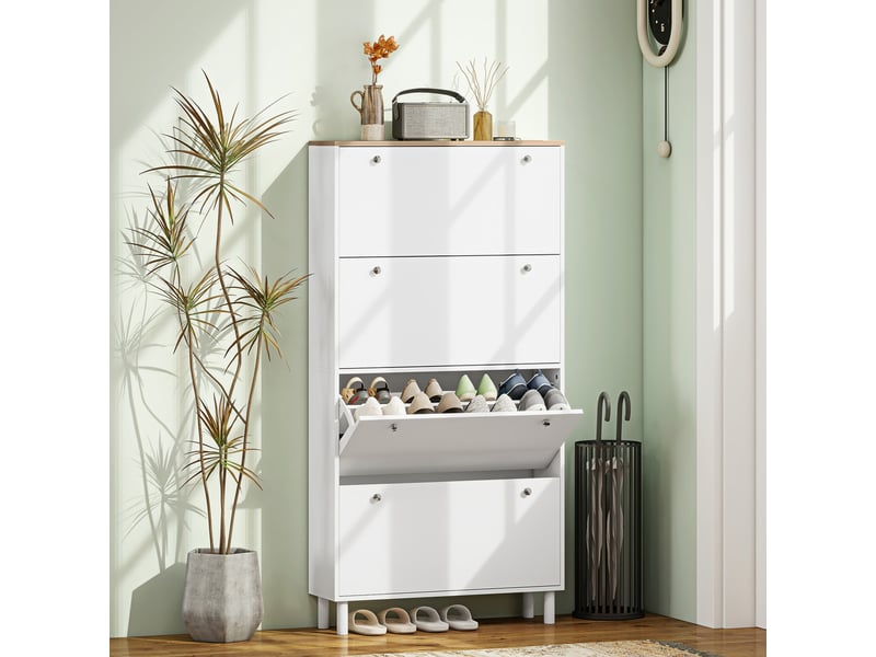  Meuble à chaussures 32 paires avec 4 tiroirs rabattables, étagères réglables, moderne, 80 x 23,5 x 157 cm, blanc  - Conforama B