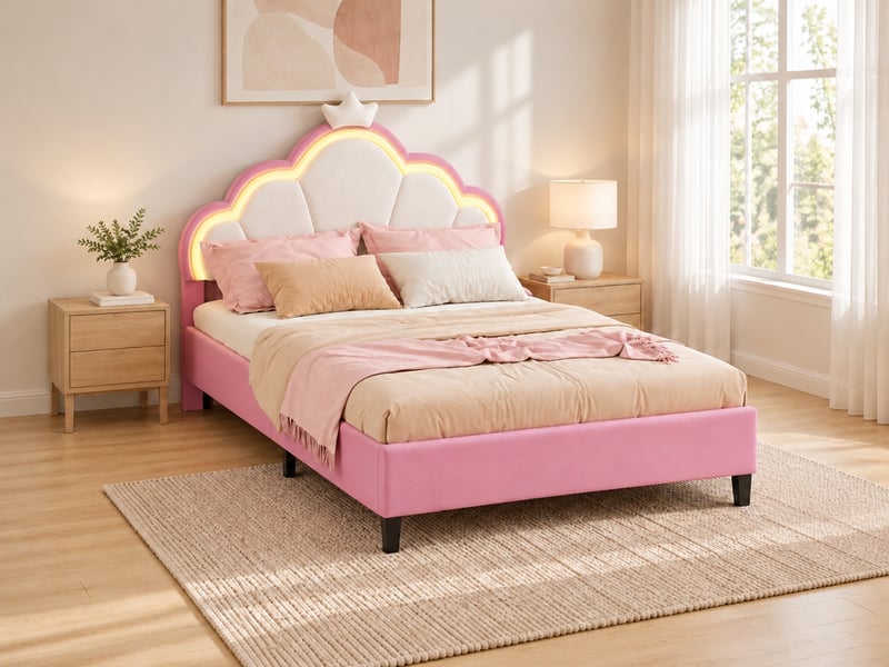 Lit enfant fille 140x200 cm en velours, lit rembourré double avec led, lit princesse avec tête de lit réglable, décoration couronne et sommier à lattes, design rembourré moderne, rose - Conforama B