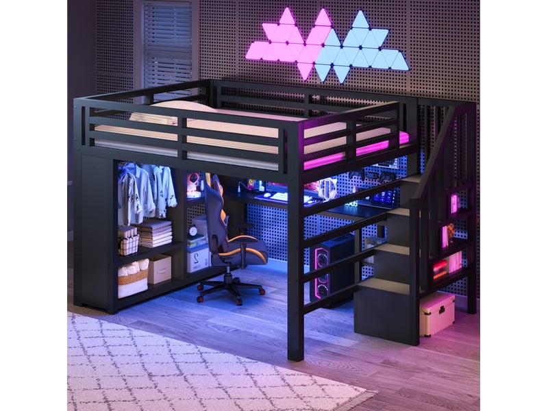  Lit mezzanine 140x200 cm en métal, noir, équipé de rangements, de dressing ouvert, d'escalier, de bureau, de usb et de led, sans matelas  - Conforama D