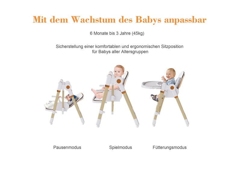  Chaise haute bébé 2-en-1 avec fonction basculante, ceinture de sécurité à 5 points, roues verrouillables, plateau amovible réglable, pliante et hauteur réglable, blanc  - Conforama D