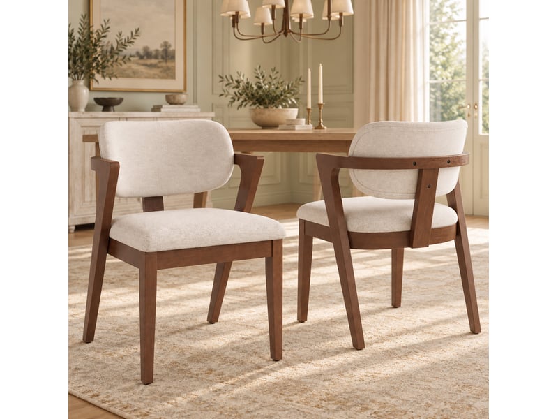  Lot de 2 chaises de salle à manger 56x57,5x79 cm avec accoudoirs en bois, coloris noyer et beige avoine  - Conforama D