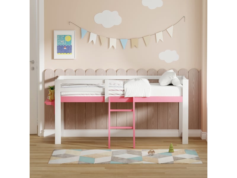  Lit mezzanine 90x200 cm, structure en pin massif, coloris rose, échelle fixe, garde-corps, sommier à lattes inclus, sans sommier tapissier  - Conforama D