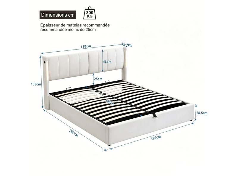 Lit coffre 180x200 cm avec éclairage led, port usb, rangement hydraulique et tête de lit réglable, pu blanc  - Conforama C