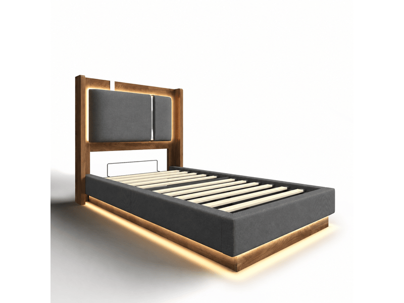 Lit coffre 90x200 cm avec sommier relevable hydraulique, sans matelas, gris et noyer - Conforama W