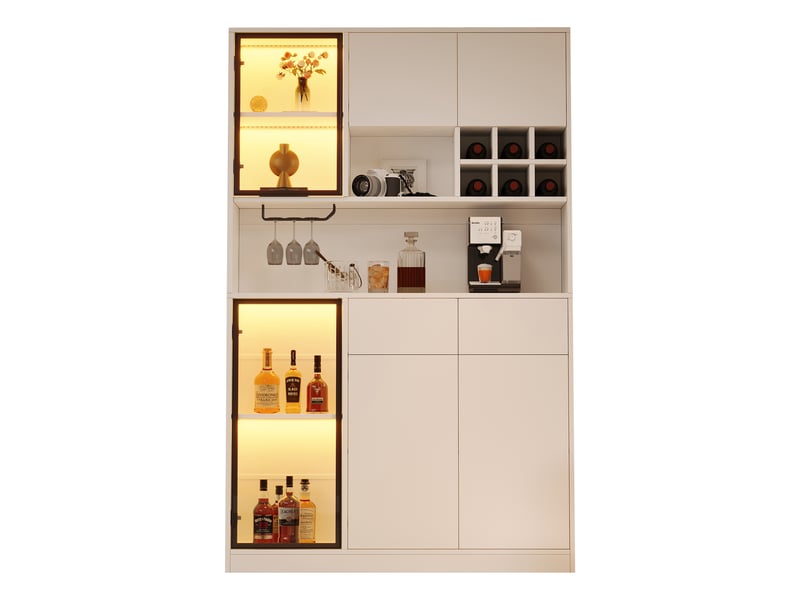  Vitrine avec éclairage led, vitrine avec 6 portes 2 tiroirs et plateau d'exposition en verre trempé, 120x33x200cm, blanc  - Conforama A