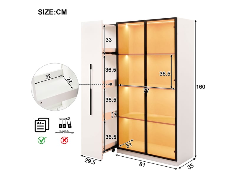  Vitrine armoire led 110x35x160cm meuble de rangement buffet haut bibliothèque avec portes vitrée étagère coulissante, blanc  - Conforama W