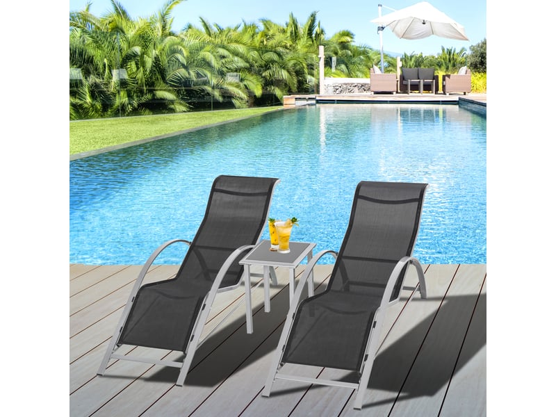  Ensemble jardin 3 pièces maille métallique : 2 chaises longues + 1 table d'appoint, noir et argent, 59 x 169 x 66 cm, pour balcon et jardin  - Conforama B