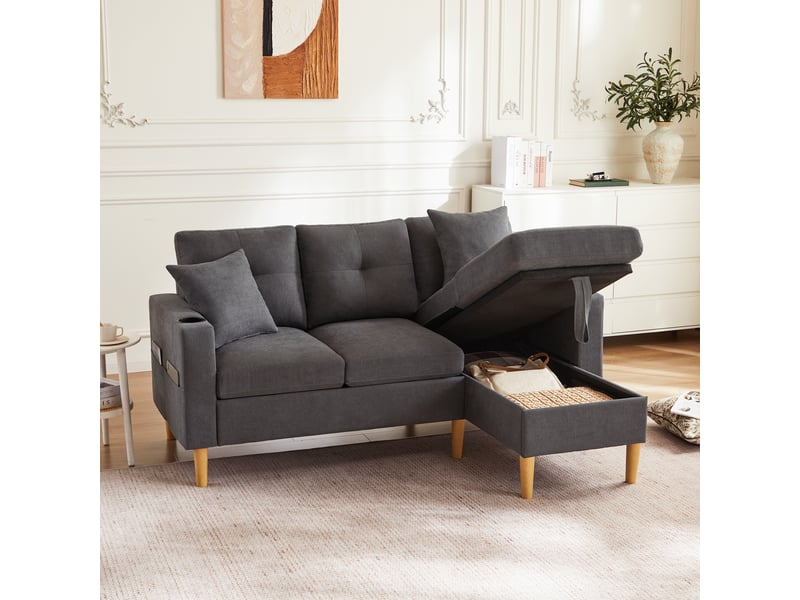  Canapé d’angle réversible 3 places 175x129 cm avec méridienne, coffre de rangement, porte-gobelets, 2 coussins - gris foncé  - Conforama B