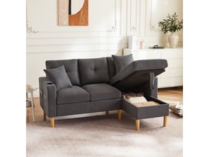 Canapé d'angle droit fixe <strong></strong> <strong></strong> 3 places Tissu gris avec coffre de rangement