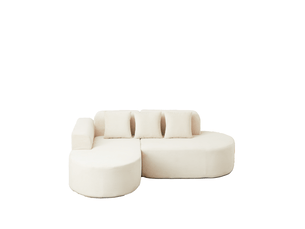 Canapé d'angle modulable avec méridienne incurvée, accoudoirs arrondis et 3 coussins en velours côtelé beige