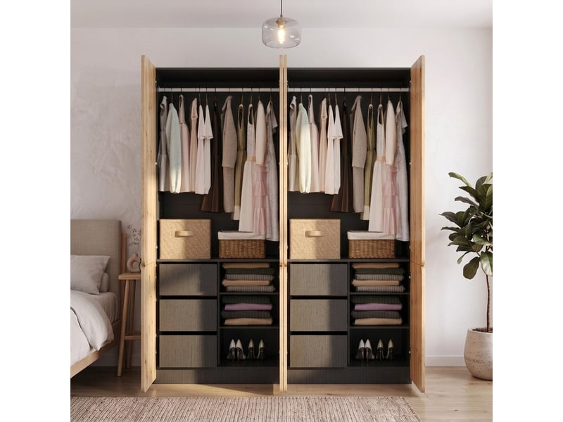 Armoire à portes battantes, 180 x 50 x 200 cm, avec 8 portes, 2 tringles et 6 tiroirs, finition chêne  - Conforama D