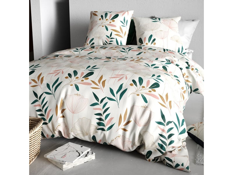  Parure housse de couette 240x220cm + 2 taies motif fleurs blanc rose et vert 100% coton - siloe SILOE - Conforama B