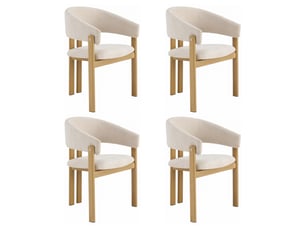 Lot de 4 chaises de salle à manger en lin beige avec accoudoirs, structure métal effet bois naturel, dossier rembourré, charge 150 kg