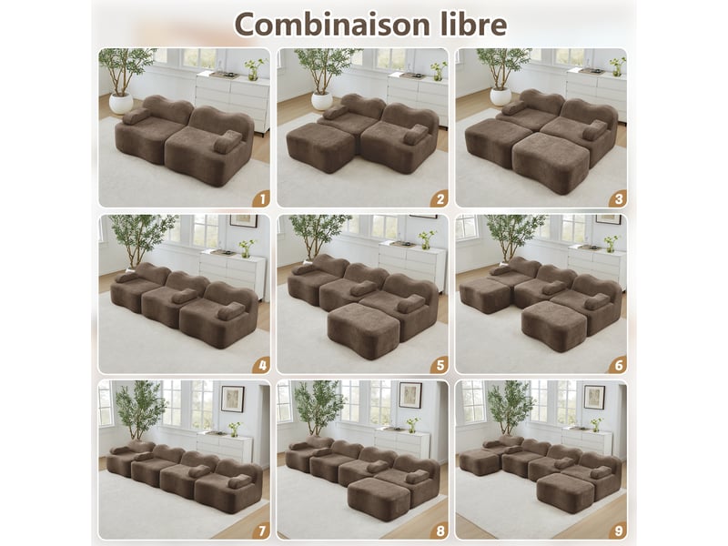  Canapé modulable 3 places velours marron 288x167x70 cm avec 2 poufs, assise profonde en mousse 32d, salon W3325S00429 - Conforama E