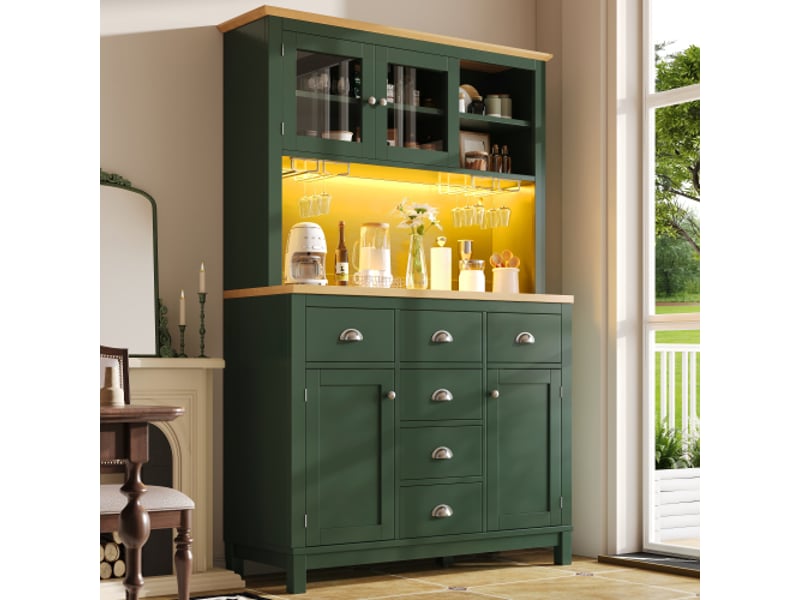  Buffet bois style campagne 104x40x180 cm, armoire de cuisine 4 portes, led, porte-bouteilles, vert et blanc  - Conforama B