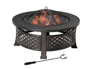Braséro rond en acier noir (81 x 81 x 50 cm) avec tisonnier et pare-étincelles – idéal pour jardin, camping et barbecue.