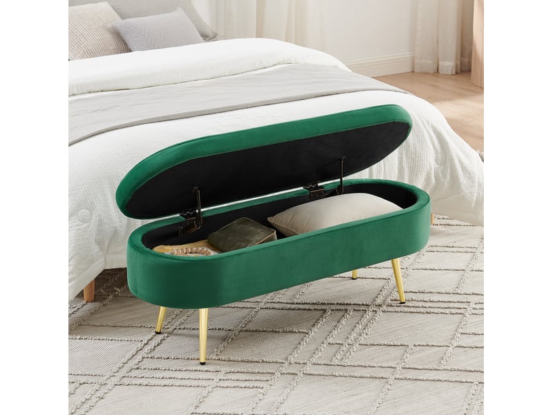  Banc de rangement 110x40x42 cm, coffre 20 l, pieds en bois, pour la chambre et le salon, assise en velours, vert foncé  - Conforama E