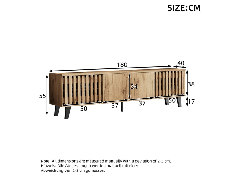  Meuble tv tcqpz 180 x 40 x 55 cm en panneau de particules coloris bois naturel pour téléviseur 70 pouces avec 8 rangements et 1 plateau ouvert  - Conforama C