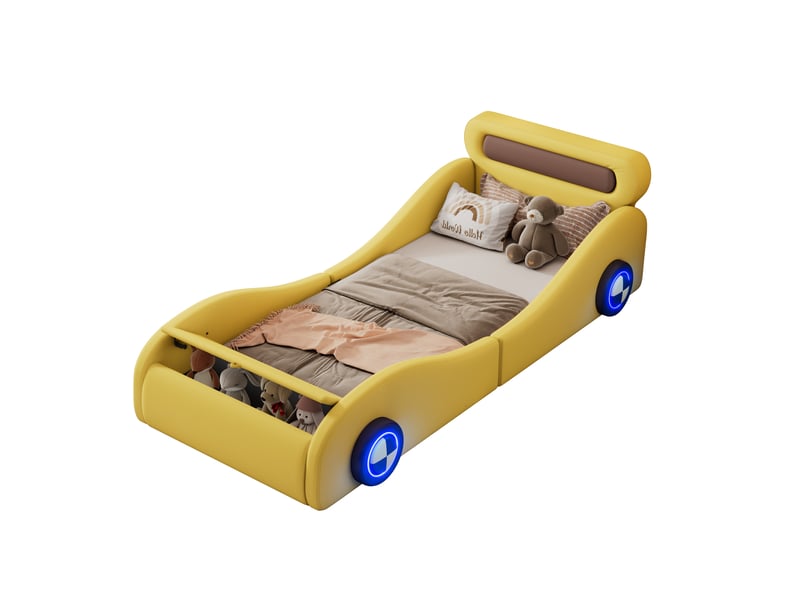  Lit enfant 90 × 200 cm 1 place avec led réglables et coffre, sans matelas, en pu jaune, forme voiture  - Conforama A