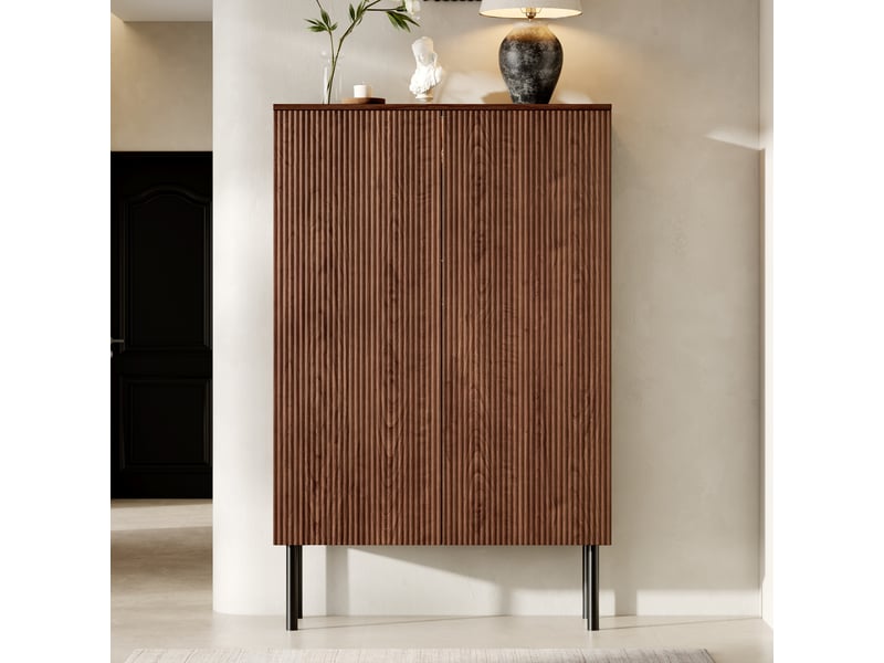  Vitrine 80 x 35 x 145 cm avec éclairage led et fond miroir, porte-bouteilles, tablettes en verre, façade rainurée, bar, salon, salle à manger, cuisine  - Conforama E