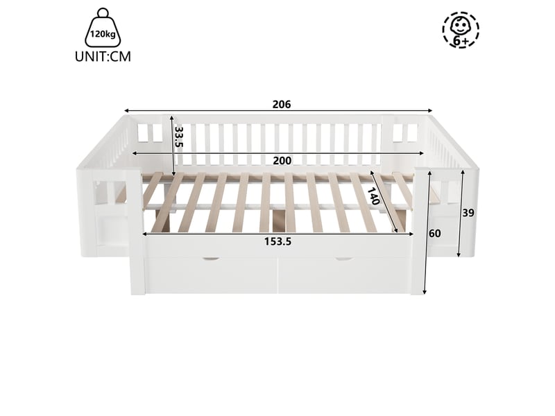  Lit plateforme avec rangement modenvie 140 x 200 cm avec barrière de sécurité et 2 grands tiroirs, blanc  - Conforama C