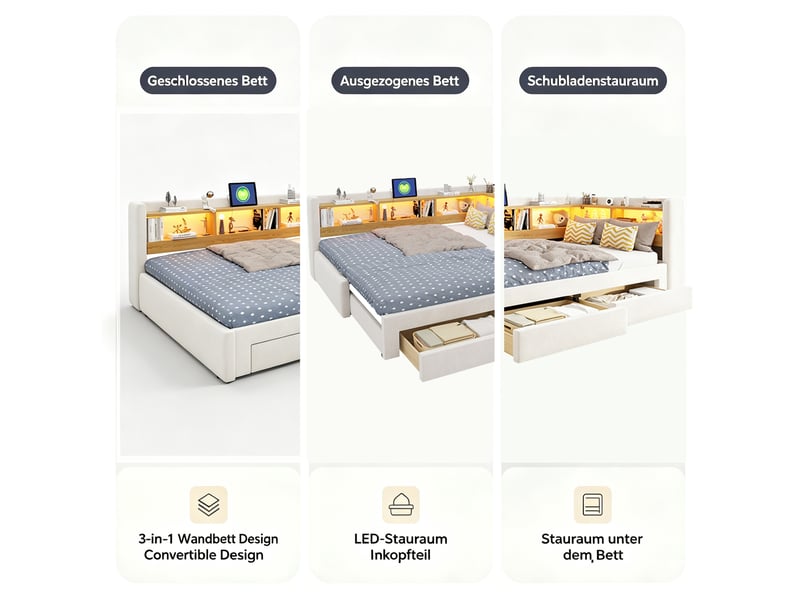  Lit gigogne 90x200 cm en velours beige et gris, led, prise et tiroirs, extensible en 180x200 cm, sans matelas  - Conforama E