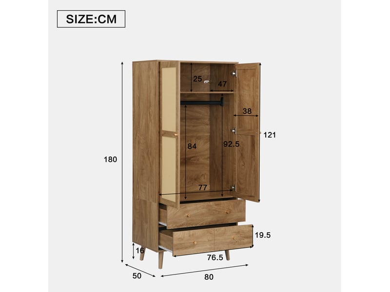  Armoire avec penderie, étagères et 2 tiroirs, façades effet rotin, pour chambre ou entrée, noyer, 80 × 50 × 180 cm  - Conforama D
