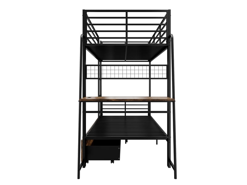  Lit superposé métal 90x200 cm avec bureau, led et tiroirs de rangement, blanc  - Conforama E