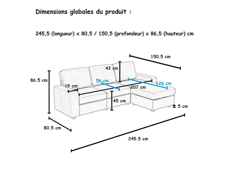  Canapé d'angle avec rangement intégré 245,5 cm - ressorts ensachés et méridienne réversible  - Conforama C