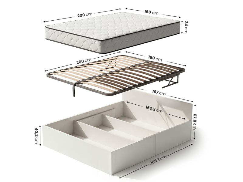 Lit coffre 160x200 cm sommier relevable en métal et matelas à ressorts blanc - Conforama C