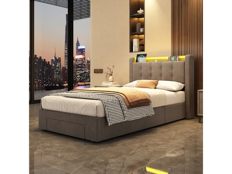  Lit coffre 90x190 cm gris en velours avec coffre hydraulique, tiroirs, led et ports usb  - Conforama B