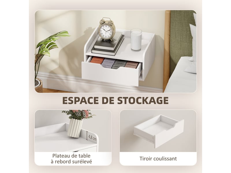 Lot de 2 tables de chevet murales flottantes 40 x 30 x 19,5 cm tiroir étagère moderne en panneau de particules blanc 21_0001545  - Conforama E
