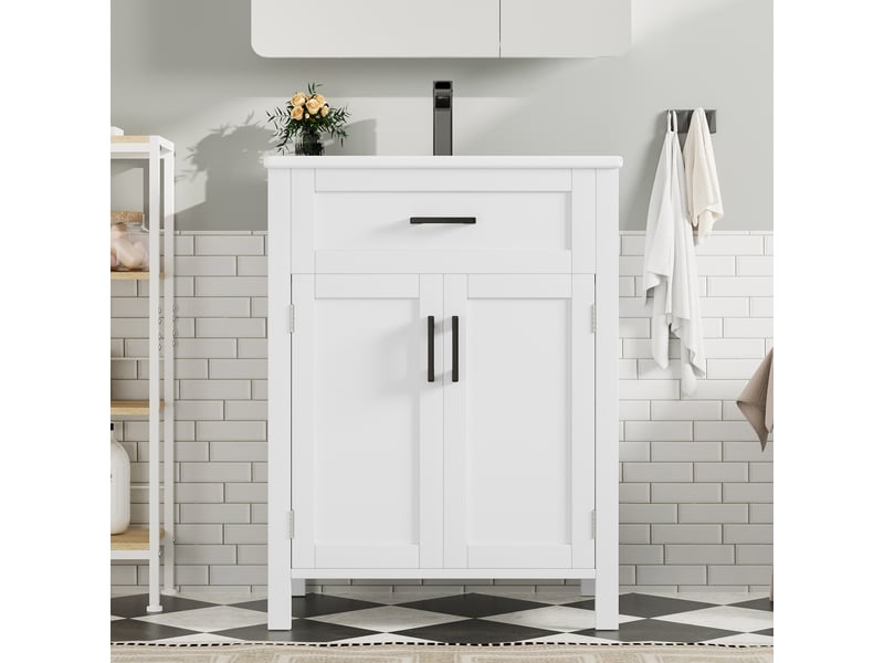 Meuble sous vasque avec 2 portes, 1 tiroir et étagère réglable, vasque en céramique, salle de bain, 60×46×84,8 cm - Conforama C