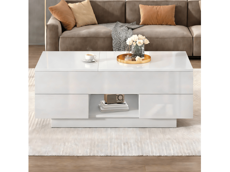 Table basse relevable blanche brillante avec led – 100 x 45 x 43 cm – 2 tiroirs  - Conforama B