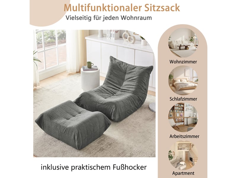 Fauteuil relax anthracite avec pouf – confort ultime en fausse fourrure teddy – canapé de sol moelleux pour lecture & détente - Conforama D