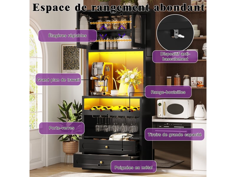 Lot de 2 buffets hauts 140 x 40 x 180 cm avec led, portes vitrées cintrées, casier à vin et prises usb, noir  - Conforama D