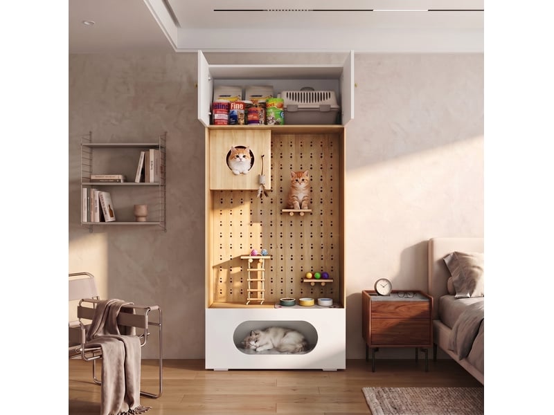  Meuble de rangement multifonction 90x50x202 cm, 2 portes, niches, panneaux de particules, blanc et bois clair  - Conforama E
