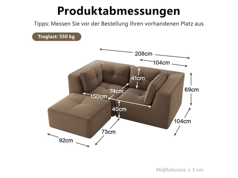 Canapé d'angle modulable 2 places en velours côtelé marron avec repose-pieds mobile - Conforama E