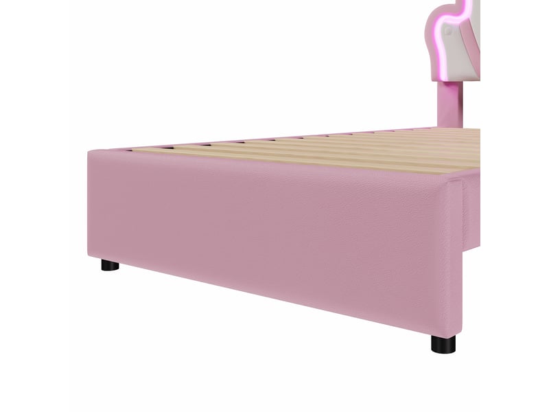  Lit enfant 90x200 cm avec led, tiroirs, sommier et tête réglable, lit princesse, pu rose, sans matelas  - Conforama R