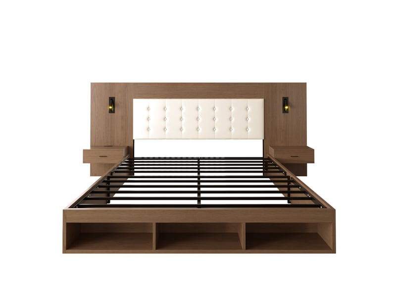  Lit double,180 x 200 cm,avec station de recharge usb &amp; type-c et lampe de lecture, avec 2 tables de chevet, couleur bois noyer  - Conforama A