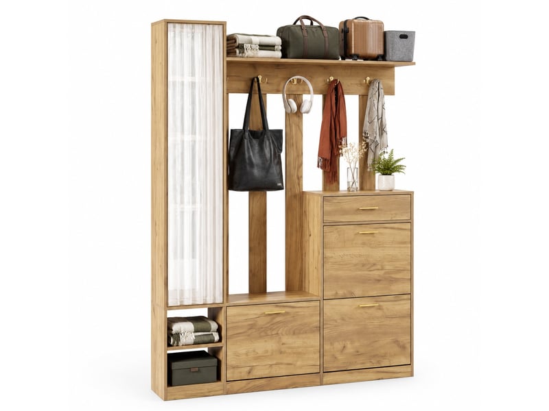  Meuble d’entrée avec miroir, 3 meubles à chaussures et 1 tiroir 133x23,5x180 cm en panneau de particules naturel  - Conforama A