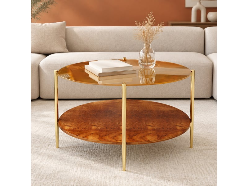  Table basse ronde ø 82xh 45 cm, double plateau, rangement ouvert, verre trempé, métal et bois, doré  - Conforama B