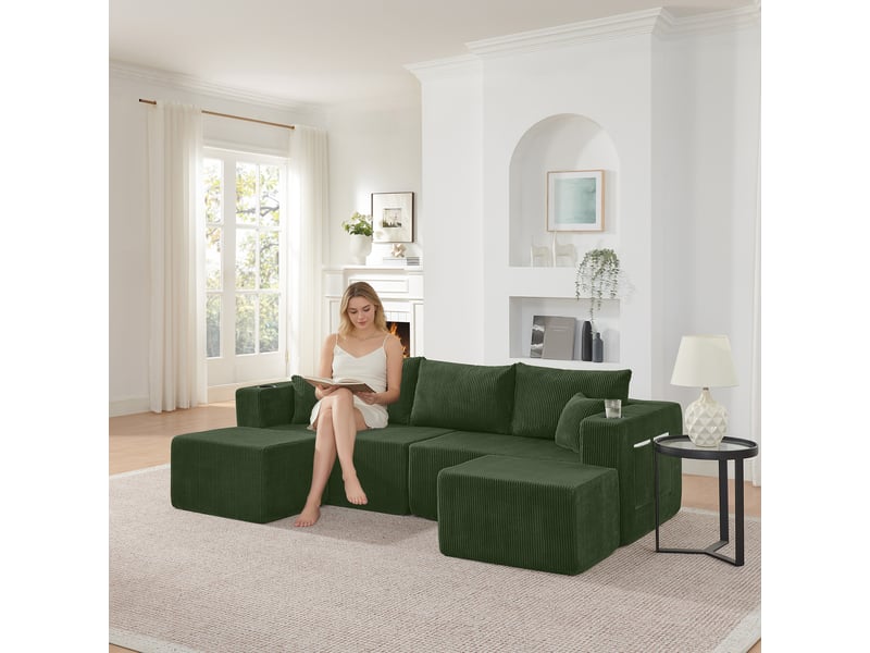  Canapé d'angle modulaire - 3 places - forme de l - ottomanes mobiles - tissu côtelé doux - porte-gobelets intégrés Vert - Conforama B