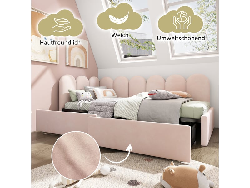  Lit banquette 90x190 cm velours rose avec tiroirs de rangement - canapé lit capitonné avec sommier  - Conforama E