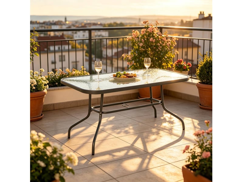  Table de jardin rectangulaire 120x80x70 cm 8 personnes avec trou pour parasol métal gris  - Conforama D
