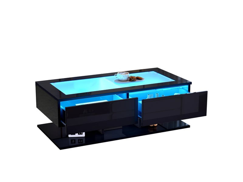  Table basse noire brillante avec tiroirs, table basse led verre trempé 100x50x35cm pour salon moderne  - Conforama D